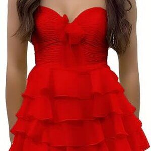 Red Strapless Bow Tiered Chiffon Short Dress